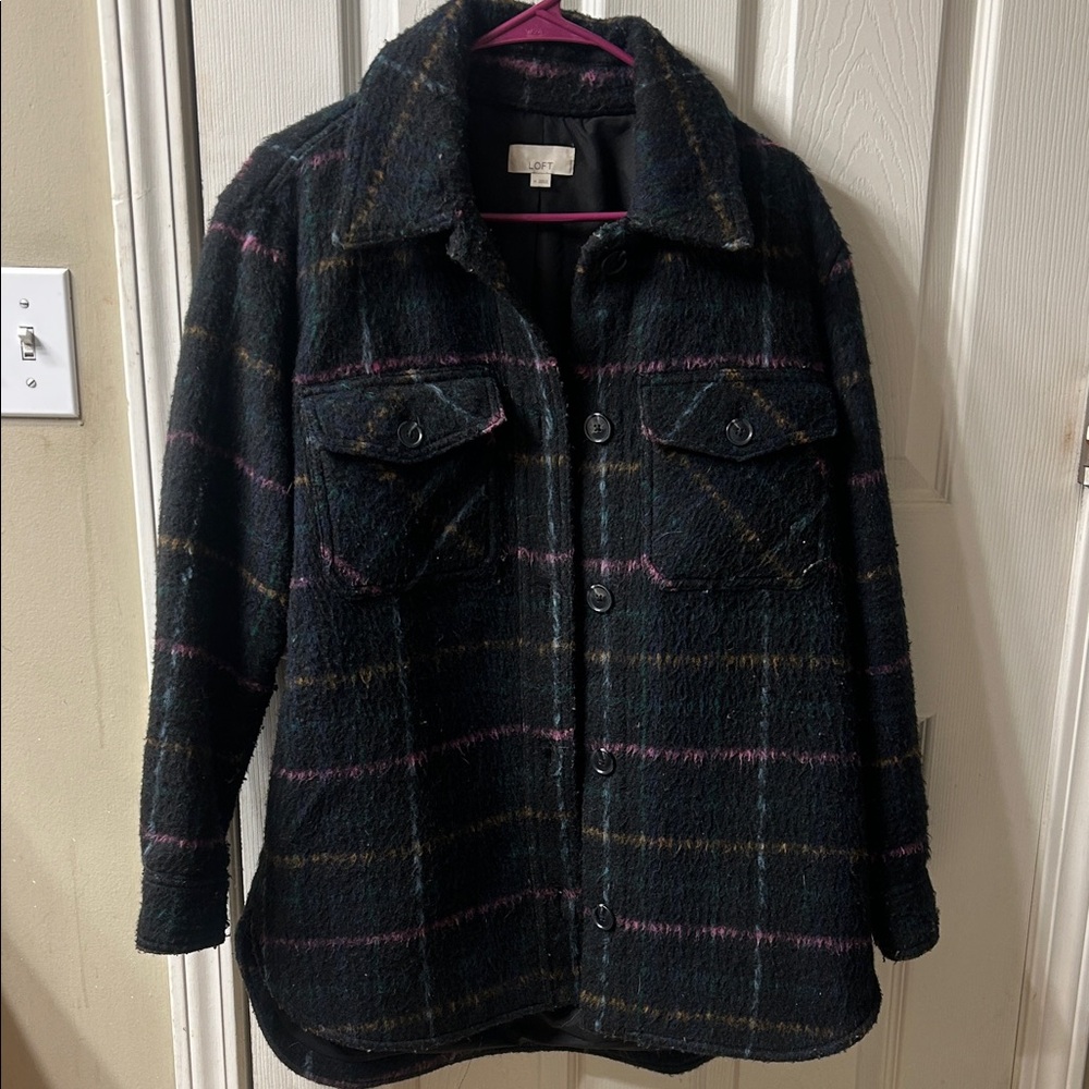 LOFT Black and Pink Plaid Utility Jacket